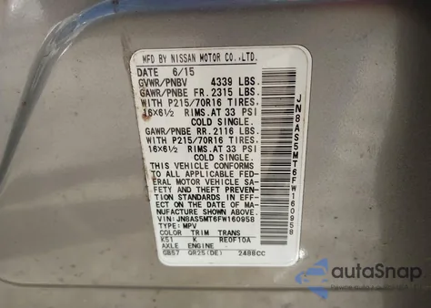 2015 Nissan Rogue Select S z USA, uszkodzony, nr VIN JN8AS5MT6FW160958